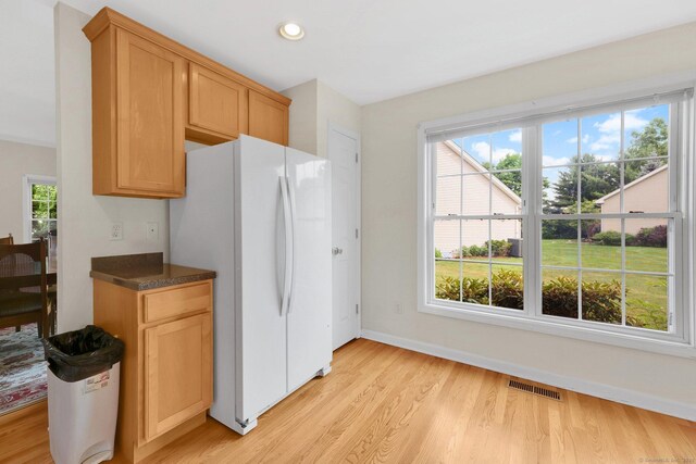 6 Mountainview Cir Unit 6, Ellington, CT 06029 - kitchen featuring freestanding refrigerator, light wood-style flooring, dark countertops, and recessed lighting