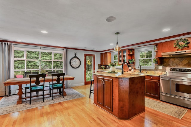 24 Buttonball Ln, Glastonbury, CT 06033 - kitchen featuring range with two ovens, under cabinet range hood, light wood-style floors, backsplash, and light stone countertops
