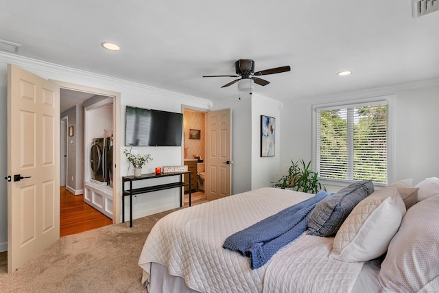 24 Buttonball Ln, Glastonbury, CT 06033 - bedroom with washer and dryer, carpet, crown molding, recessed lighting, and ceiling fan