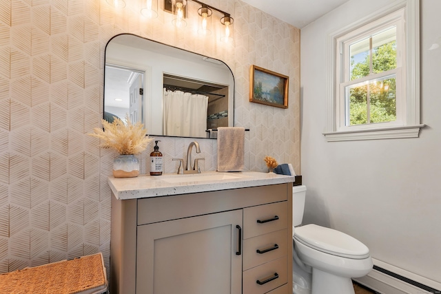 24 Buttonball Ln, Glastonbury, CT 06033 - full bath featuring a baseboard heating unit, vanity, wallpapered walls, a shower with curtain, and backsplash