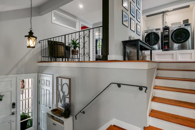 24 Buttonball Ln, Glastonbury, CT 06033 - stairs featuring independent washer and dryer