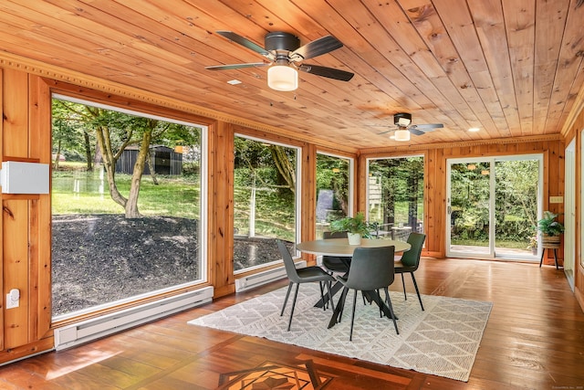 24 Buttonball Ln, Glastonbury, CT 06033 - sunroom featuring a baseboard radiator, healthy amount of natural light, wood ceiling, wood walls, and hardwood / wood-style floors