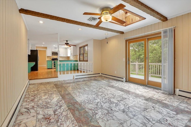 53 Montclair Dr, Manchester, CT 06042 - unfurnished living room with baseboard heating, ceiling fan, beam ceiling, light marble finish floors, and recessed lighting