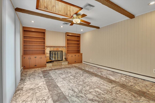 53 Montclair Dr, Manchester, CT 06042 - unfurnished living room with baseboard heating, built in features, a stone fireplace, ceiling fan, and beamed ceiling