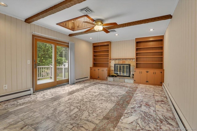 53 Montclair Dr, Manchester, CT 06042 - unfurnished living room with baseboard heating, built in shelves, a ceiling fan, a stone fireplace, and crown molding