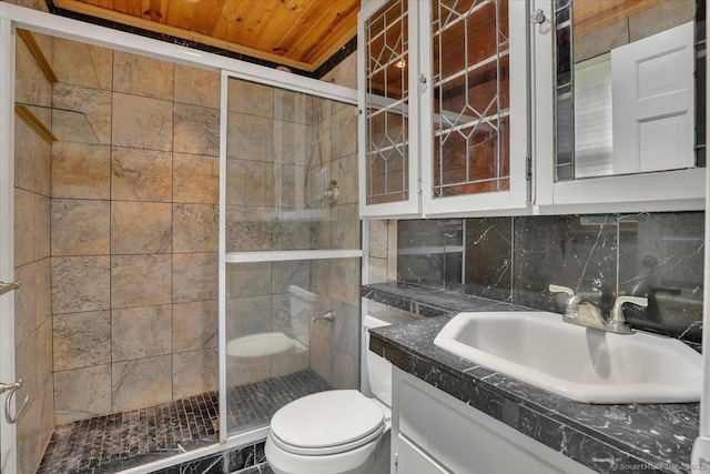 53 Montclair Dr, Manchester, CT 06042 - bathroom featuring wooden ceiling, vanity, a stall shower, and backsplash