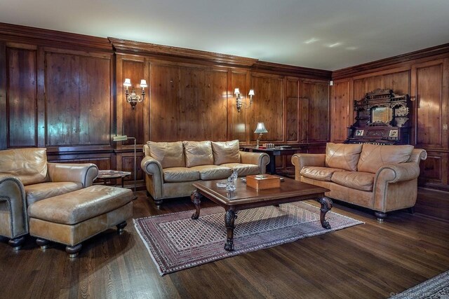 living area featuring dark wood finished floors and wood walls