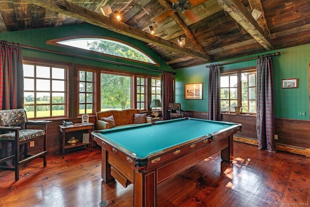 playroom featuring pool table, wood ceiling, wood-type flooring, and wood walls