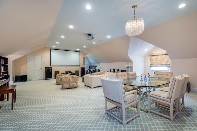 carpeted dining room with vaulted ceiling, a chandelier, and recessed lighting