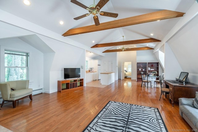 living area with a ceiling fan, a baseboard heating unit, healthy amount of natural light, beam ceiling, and recessed lighting