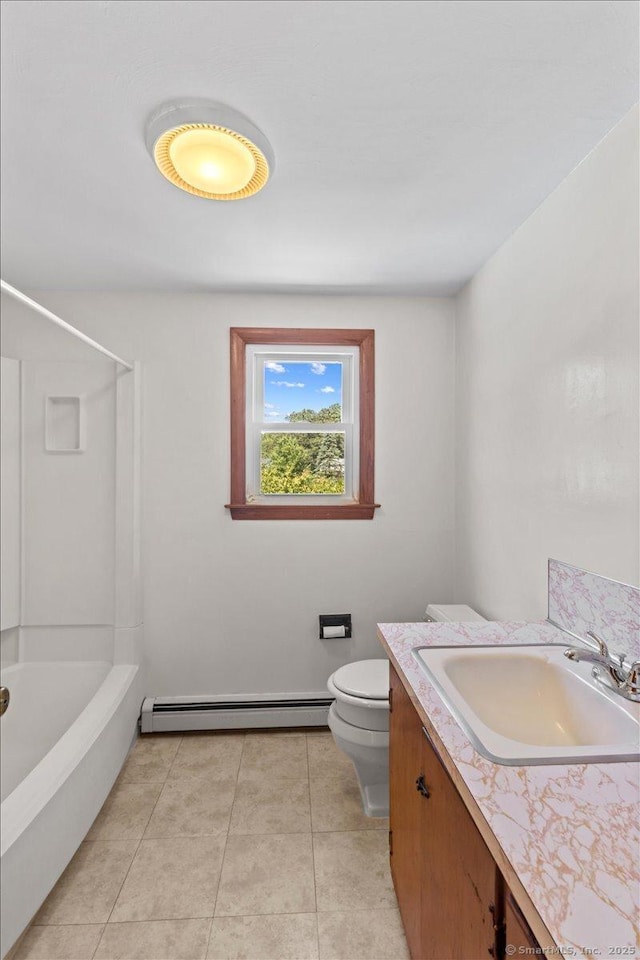 45 Canton Rd, Granby, CT 06035 - bathroom with a baseboard radiator, vanity, tub / shower combination, and tile patterned flooring