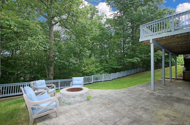 29 Quarry Ln, Hamden, CT 06518 - view of patio featuring an outdoor fire pit and a wooden deck