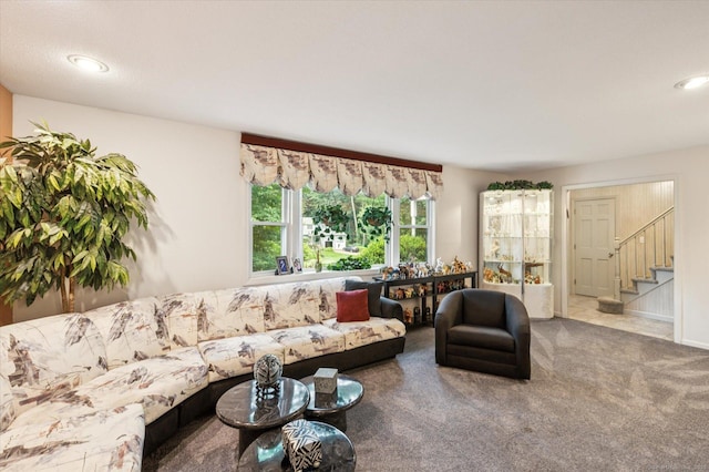 18 Banks Rd, Simsbury, CT 06070 - carpeted living area with stairway and recessed lighting