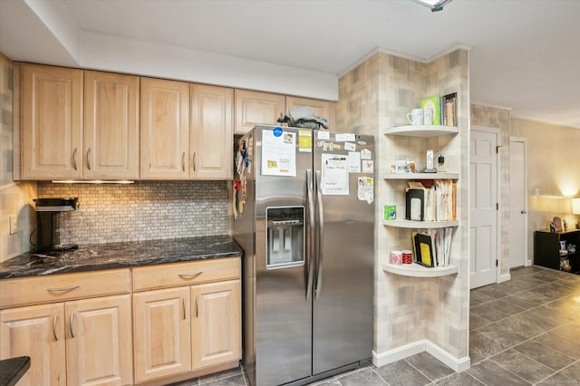 18 Banks Rd, Simsbury, CT 06070 - kitchen with stainless steel fridge, light brown cabinetry, open shelves, decorative backsplash, and dark stone counters