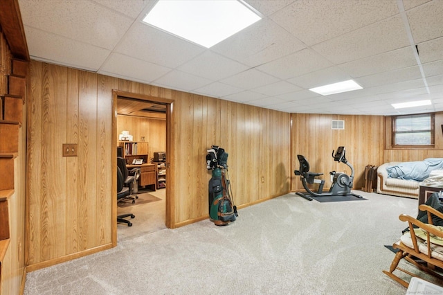 18 Banks Rd, Simsbury, CT 06070 - bedroom featuring carpet floors, wood walls, an office area, and a paneled ceiling