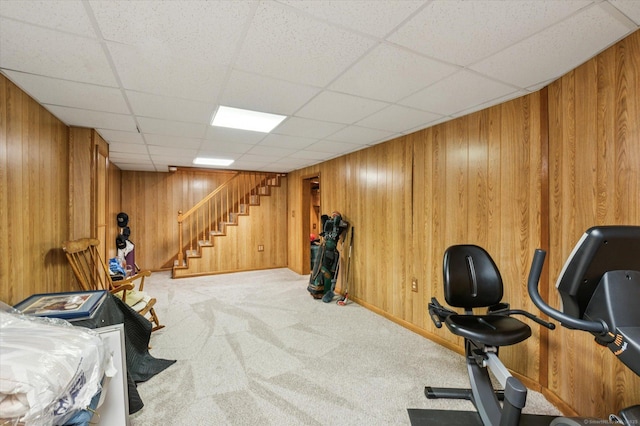 18 Banks Rd, Simsbury, CT 06070 - exercise area featuring carpet flooring, wooden walls, and a paneled ceiling