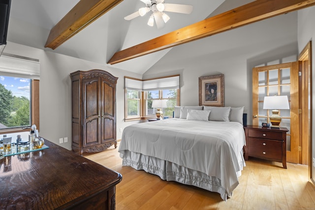 34 Joyce St, Guilford, CT 06437 - bedroom with beam ceiling, light wood-style floors, high vaulted ceiling, and ceiling fan