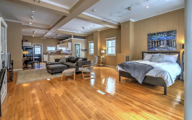 53 Canner St Apt 2, New Haven, CT 06511 - bedroom featuring light wood-style floors, beamed ceiling, coffered ceiling, and crown molding