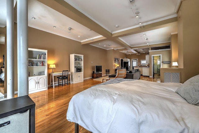 53 Canner St Apt 2, New Haven, CT 06511 - bedroom featuring wood finished floors, crown molding, coffered ceiling, rail lighting, and beamed ceiling
