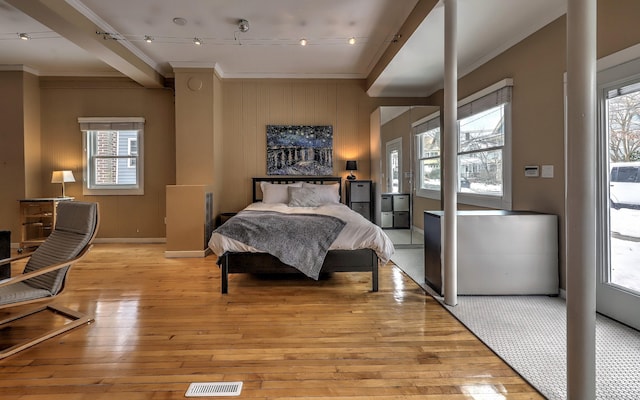 53 Canner St Apt 2, New Haven, CT 06511 - bedroom with ornamental molding, light wood-type flooring, track lighting, and multiple windows