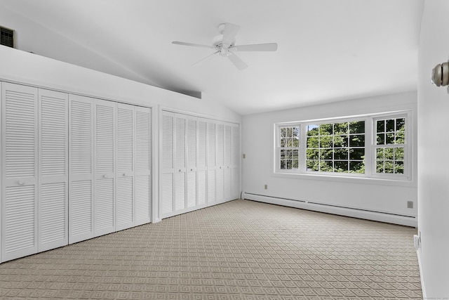 210 Carroll Rd, Fairfield, CT 06824 - unfurnished bedroom featuring a baseboard radiator, vaulted ceiling, carpet floors, two closets, and a ceiling fan