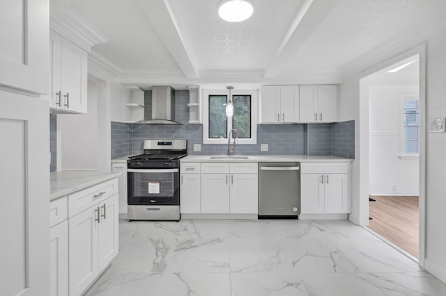 162 Sheppard St, Stratford, CT 06614 - kitchen with appliances with stainless steel finishes, wall chimney range hood, open shelves, beam ceiling, and decorative backsplash