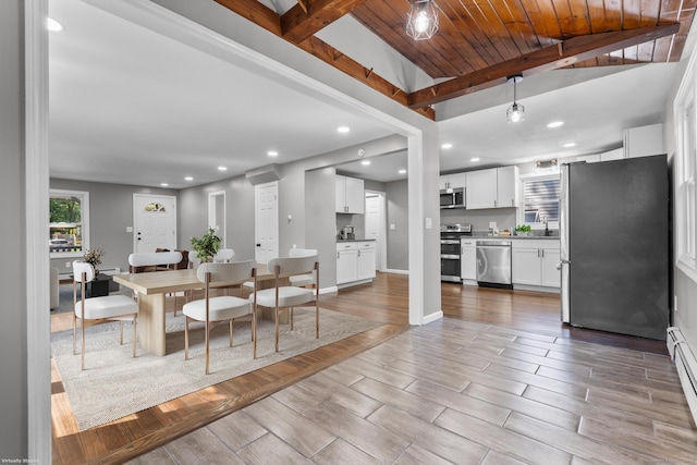 36 Greenfield St, Windsor, CT 06095 - dining space with recessed lighting, wood finished floors, a wooden ceiling with exposed beams, and a baseboard heating unit