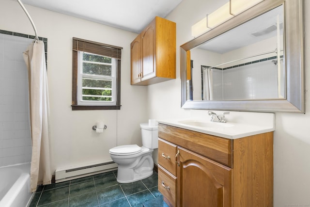 83 Julia Ter, Middletown, CT 06457 - bathroom with a baseboard radiator, vanity, tile patterned flooring, and shower / bath combination with curtain