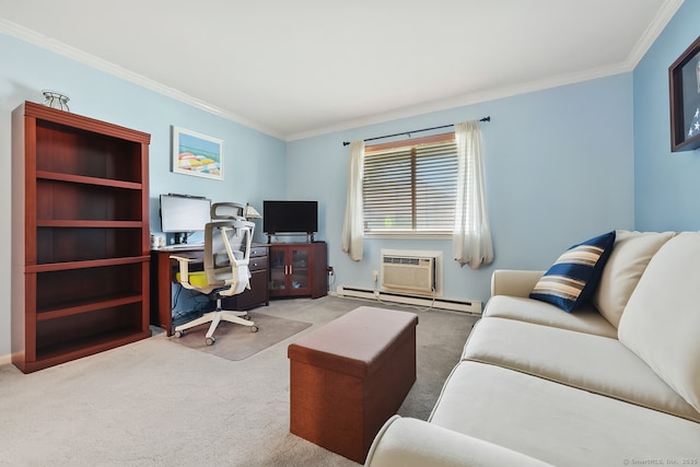 718 Cove Rd Apt 3, Stamford, CT 06902 - office featuring carpet flooring, ornamental molding, a baseboard radiator, and a wall unit AC