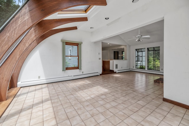 70 Brighton Rd, Hebron, CT 06248 - unfurnished living room featuring a baseboard radiator, a ceiling fan, tile patterned floors, vaulted ceiling, and recessed lighting