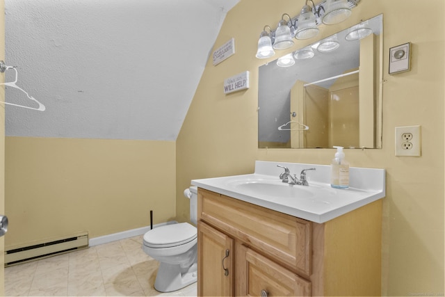 64 Iron St, Ledyard, CT 06339 - bathroom featuring a baseboard radiator, vanity, vaulted ceiling, marble look tiles, and a shower