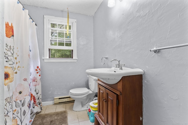64 Iron St, Ledyard, CT 06339 - bathroom featuring baseboard heating, vanity, tile patterned floors, a shower with curtain, and a textured ceiling