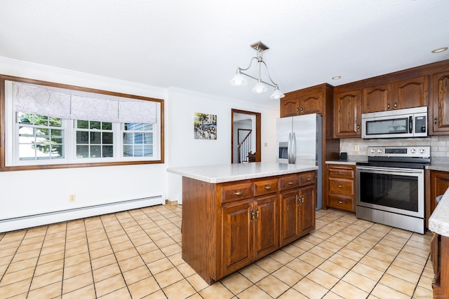 10 Empire Way, Bristol, CT 06010 - kitchen with appliances with stainless steel finishes, light countertops, light tile patterned floors, backsplash, and ornamental molding