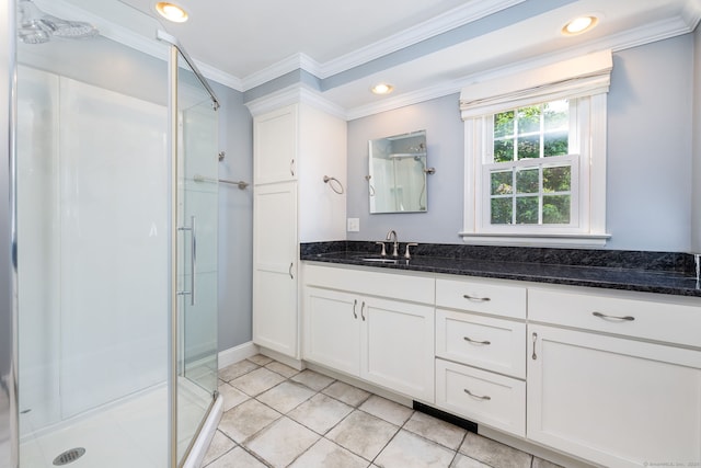 10 Empire Way, Bristol, CT 06010 - full bathroom featuring a shower stall, vanity, tile patterned floors, crown molding, and recessed lighting
