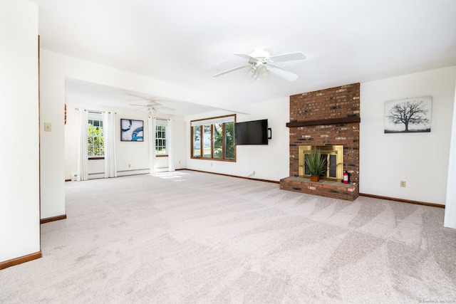 10 Empire Way, Bristol, CT 06010 - unfurnished living room with ceiling fan, carpet, and a brick fireplace
