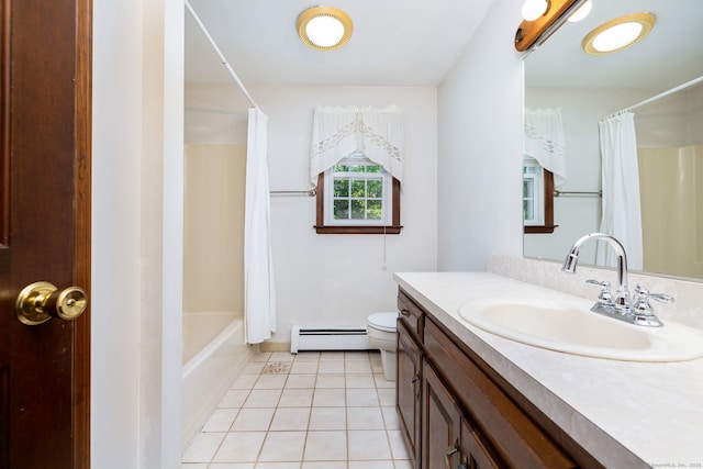 10 Empire Way, Bristol, CT 06010 - bathroom featuring baseboard heating, vanity, tile patterned floors, and shower / bathtub combination with curtain