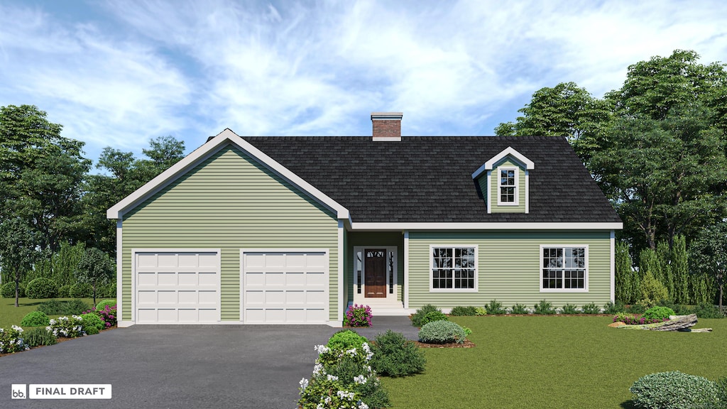 604 Higby Rd, Middletown, CT 06457 - view of front of property with driveway, an attached garage, a front lawn, a chimney, and roof with shingles