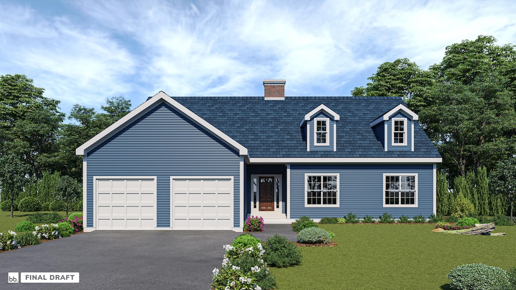 604 Higby Rd, Middletown, CT 06457 - cape cod home with driveway, an attached garage, a front lawn, and a chimney