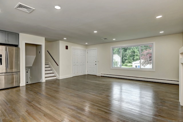 13 School St, Monroe, CT 06468 - unfurnished living room featuring a baseboard radiator, stairway, recessed lighting, and wood finished floors