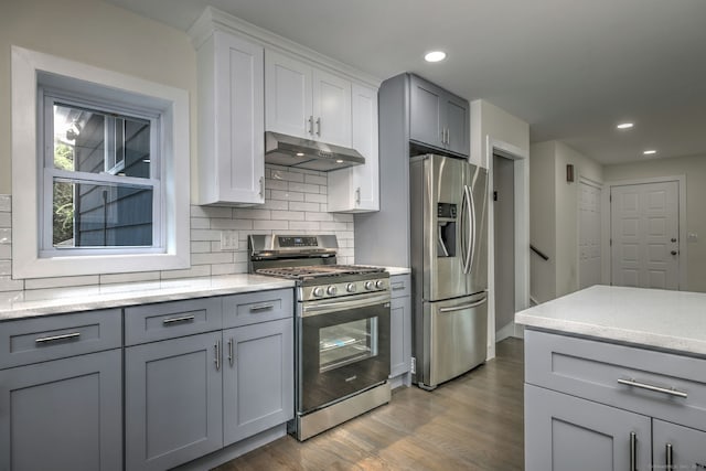13 School St, Monroe, CT 06468 - kitchen featuring stainless steel appliances, under cabinet range hood, gray cabinets, wood finished floors, and recessed lighting