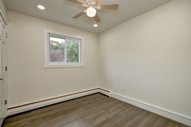 13 School St, Monroe, CT 06468 - empty room featuring a baseboard heating unit, wood finished floors, recessed lighting, and ceiling fan