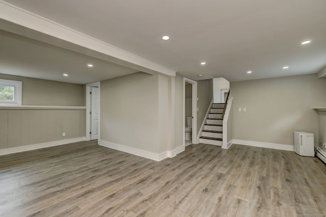 13 School St, Monroe, CT 06468 - below grade area featuring wood finished floors, stairway, and recessed lighting
