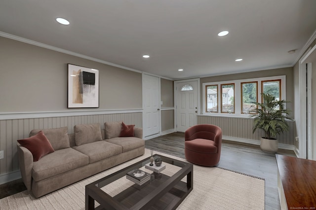 13 School St, Monroe, CT 06468 - living room with ornamental molding, wood finished floors, recessed lighting, and wainscoting