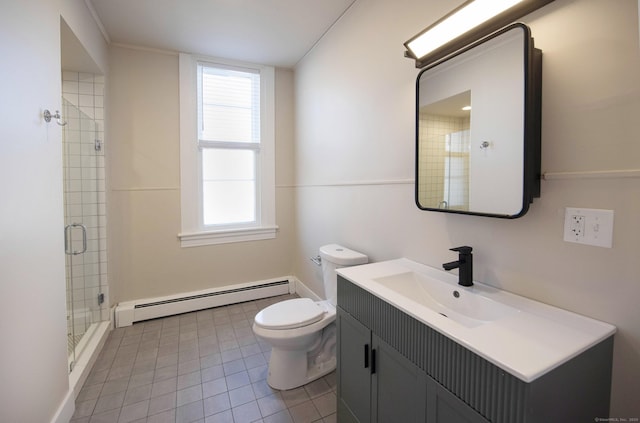 214 Broadway, Norwich, CT 06360 - full bathroom with baseboard heating, vanity, tile patterned flooring, a shower stall, and plenty of natural light