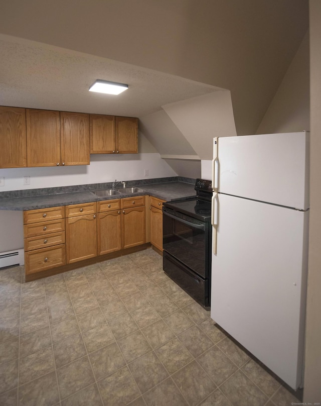 214 Broadway, Norwich, CT 06360 - kitchen featuring freestanding refrigerator, black range with electric stovetop, vaulted ceiling, dark countertops, and brown cabinetry