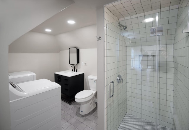 214 Broadway, Norwich, CT 06360 - full bath featuring independent washer and dryer, a shower stall, tile patterned floors, vanity, and recessed lighting