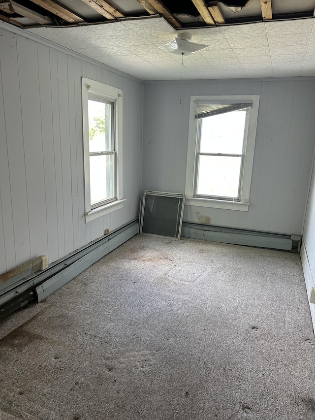 36 Boswell Ave, Norwich, CT 06360 - unfurnished room featuring carpet floors, a baseboard radiator, and wooden walls