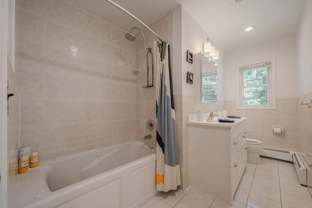 4 Northrop Rd, Woodbridge, CT 06525 - bathroom featuring tile patterned floors, vanity, shower / bath combo with shower curtain, tile walls, and baseboard heating