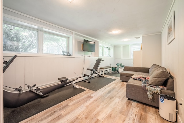 4 Northrop Rd, Woodbridge, CT 06525 - exercise area featuring light wood-style floors, a decorative wall, and crown molding