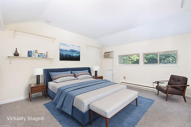 430 Emmett St Apt L, Bristol, CT 06010 - bedroom featuring vaulted ceiling, carpet, a baseboard radiator, and a wall unit AC